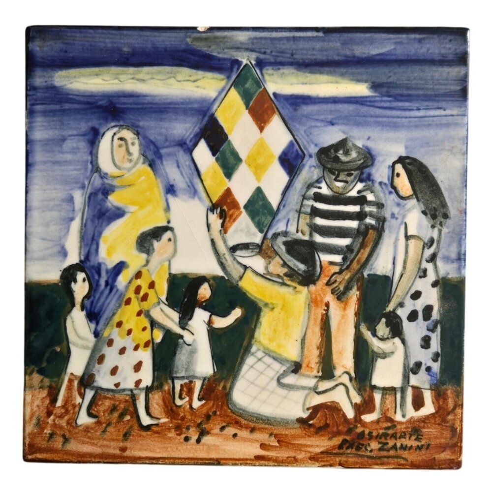 Zanini Ceramic Tile Art Cena Da Fest Hand Painted Family Scene Signed Vintage
